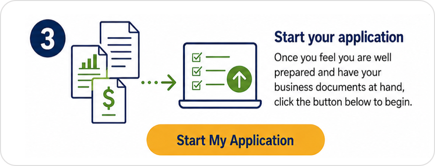 Step 3: Start your application. Once you feel you are well prepared and have your business documents at hand, click here to begin.