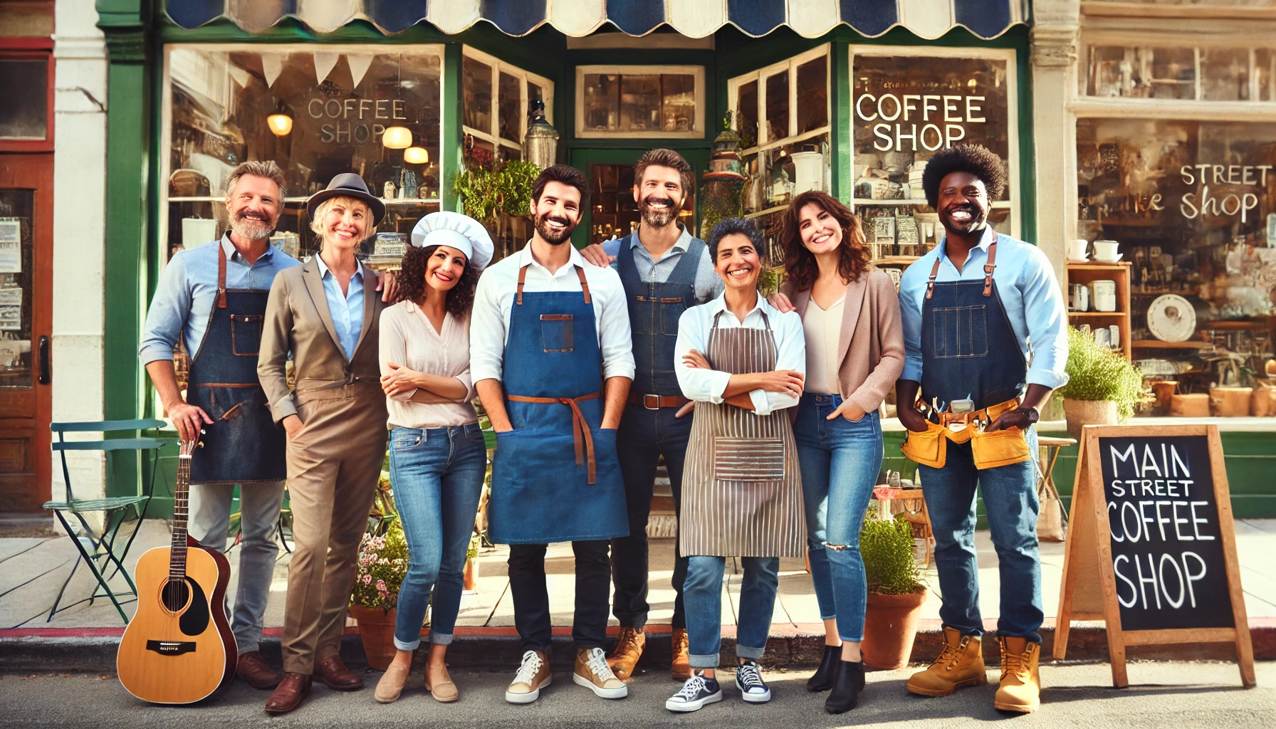 Group of a variety of business owners in front of a Main Street coffee shop