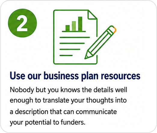 Step 2: Use our business plan resources. Nobody but you knows the details well enough to translate your thoughts into a description that can communicate your potential to funders.